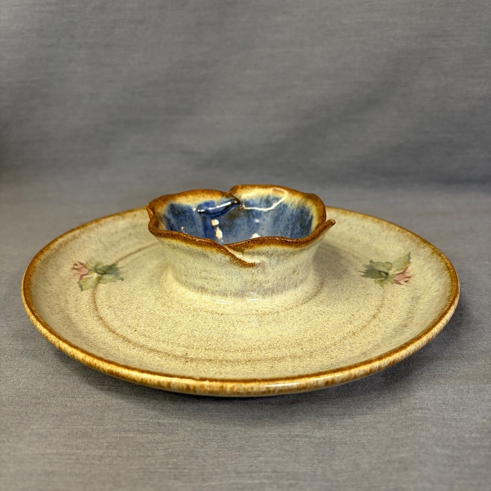 Chip & Dip Platter Pottery Floral Blue & Brown Glaze Handcrafted Vintage